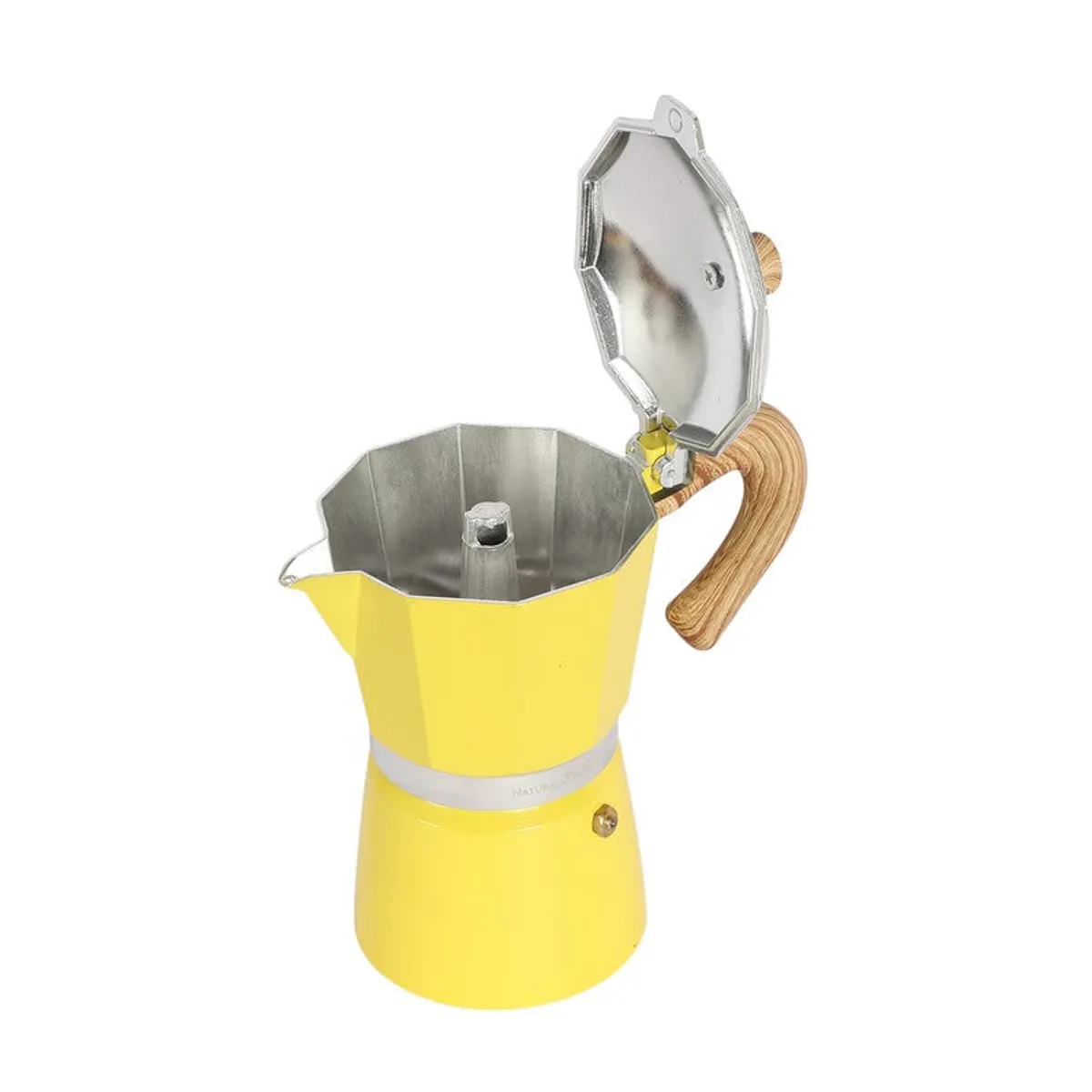 Open yellow coffee maker showing its aluminium inner chamber