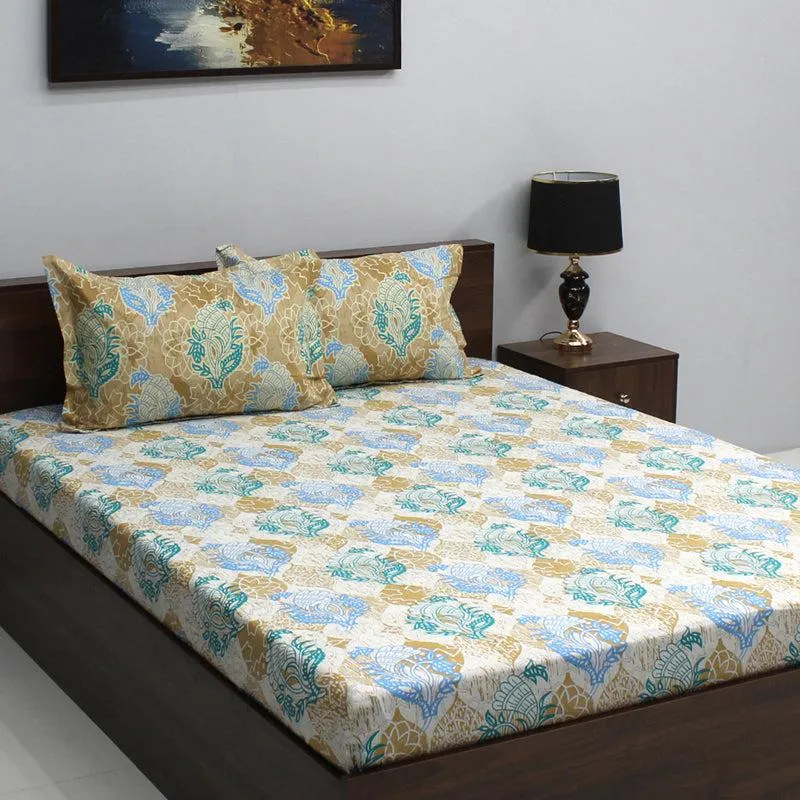 Wishi Ethnic Cotton Bedsheet (Yellow,Blue) - 110 TC media 3