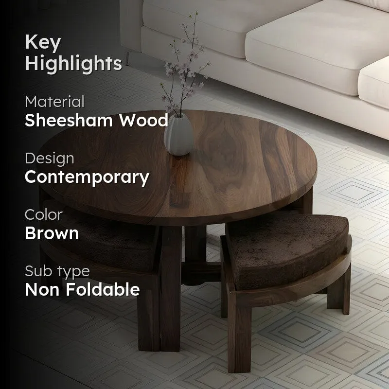 Iveron Sheesham Wooden Center Table with Stools and Cushions (Brown) - Nine Piece Set media 2