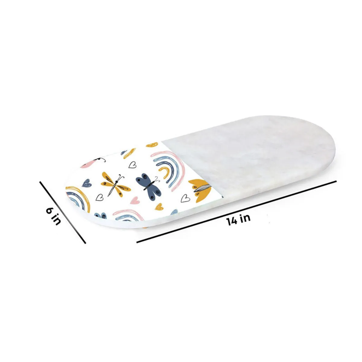 White oval platter shown with colourful motifs and dimensions marked.