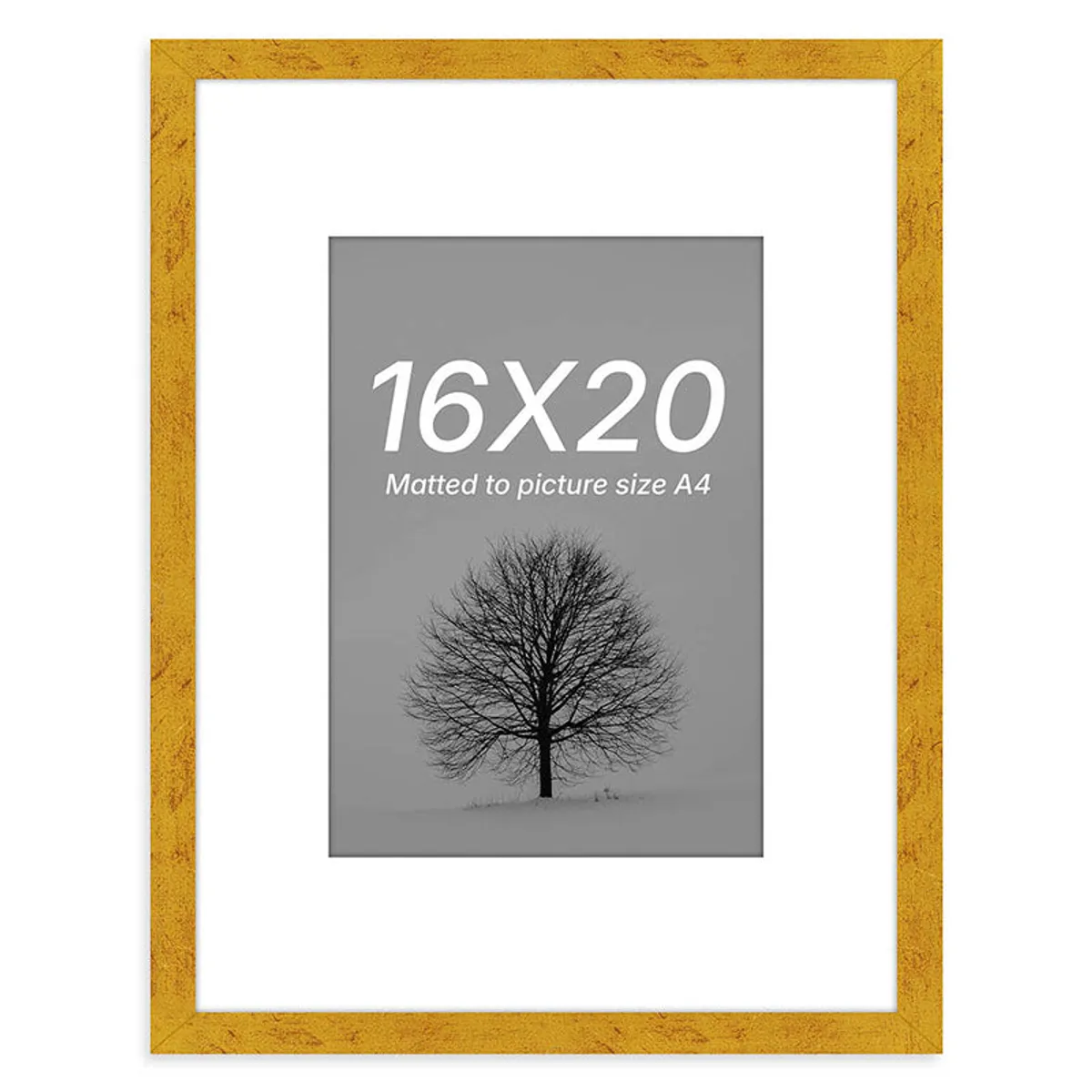 Gold square photo frame with a white mat and monochrome tree print