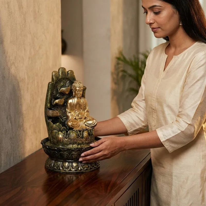 Woman placing the Buddha fountain showpiece on a wooden console table