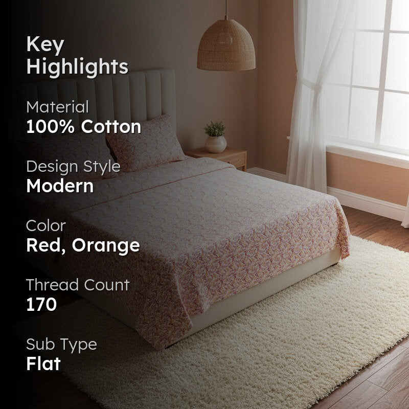 Leafy Vine Cotton Bedsheet (Orange) - 170 TC media 2
