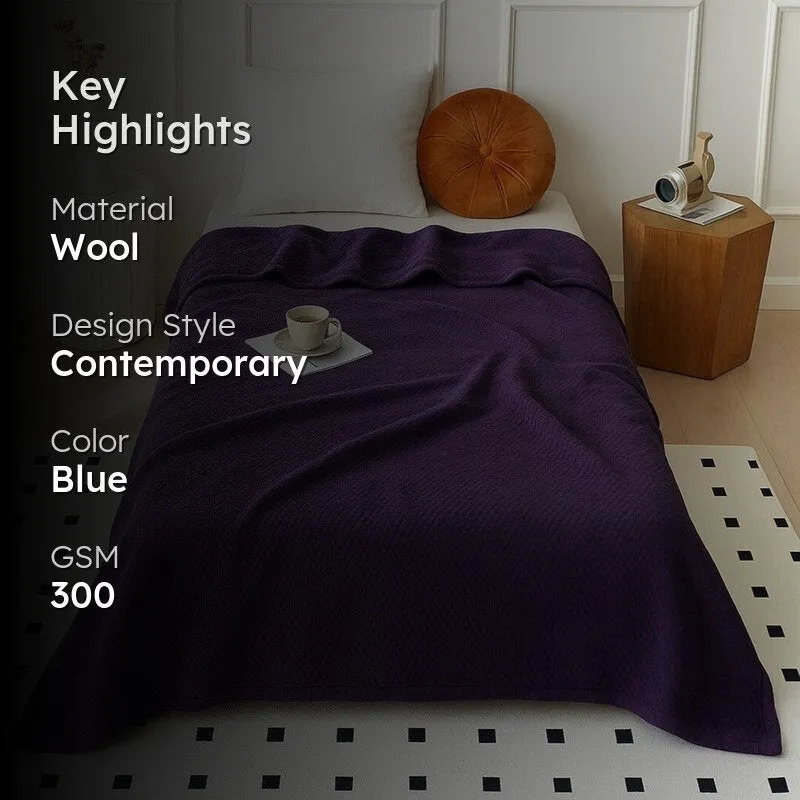 Plushyn Solid Woolen Blanket (Blue) - 300 GSM media 2