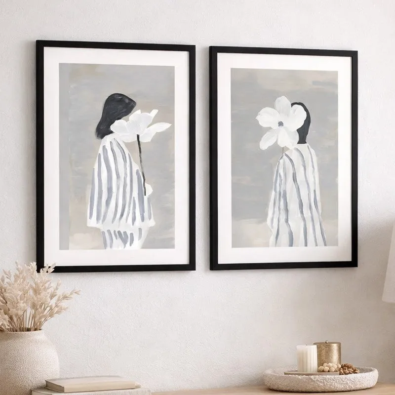 Striped Flora Wall Art With Frame - Set Of Two media 1