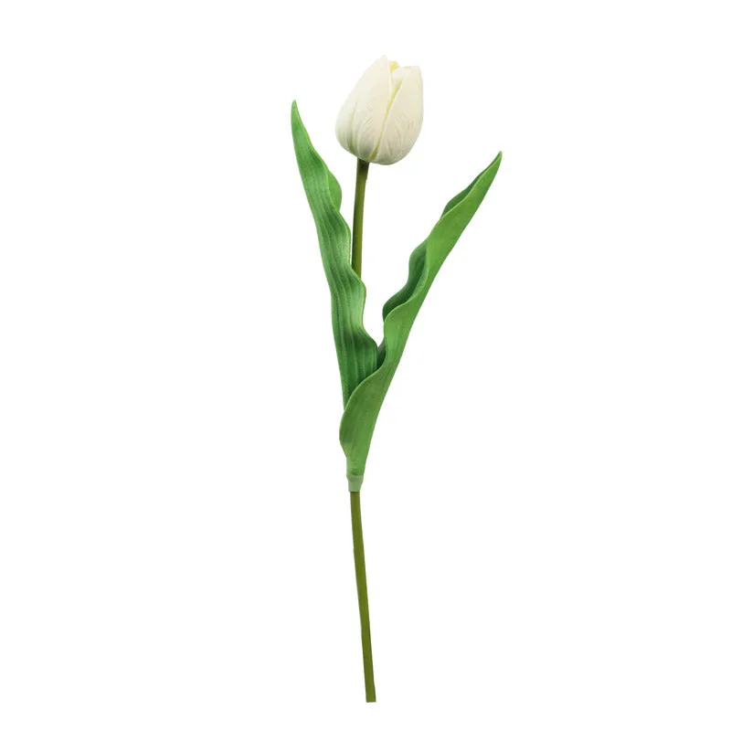 Single white artificial tulip stem with two green leaves