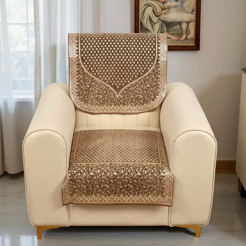 Petite Leaves Chenille Sofa Cover - Light Brown media 4