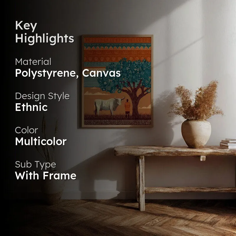 Kamadhenu Canvas Wall Painting With Brown Frame media 2