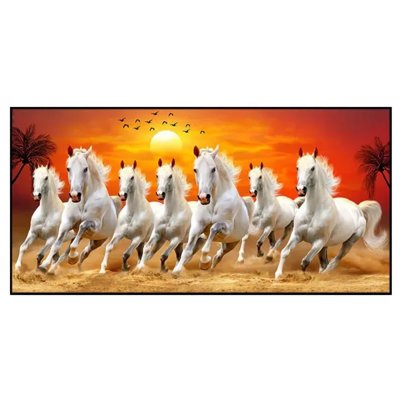 Rectangular framed canvas painting of white horses running under a bright sunset