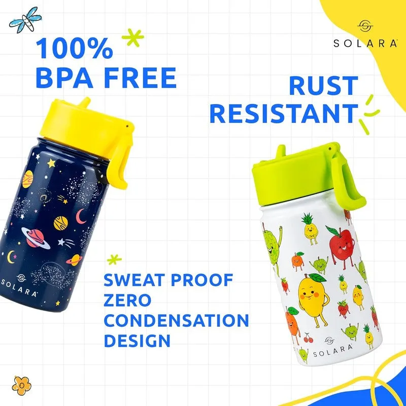 Two kids bottles with playful prints and bright lids