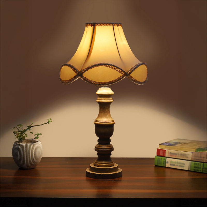 Valencia Arc Carve Wooden Table Lamp - Off White,Brown