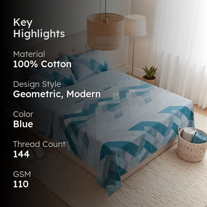 Jora Geometric Cotton Bedsheet (Turquoise) - 144 TC media 2