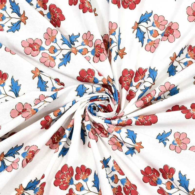 Close-up of the floral cotton fabric gathered to show the print