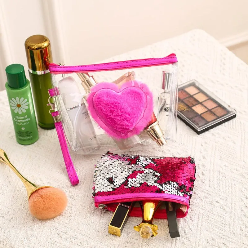 Pink Heart & Solid Cosmetic Bags - Set Of Two media 1