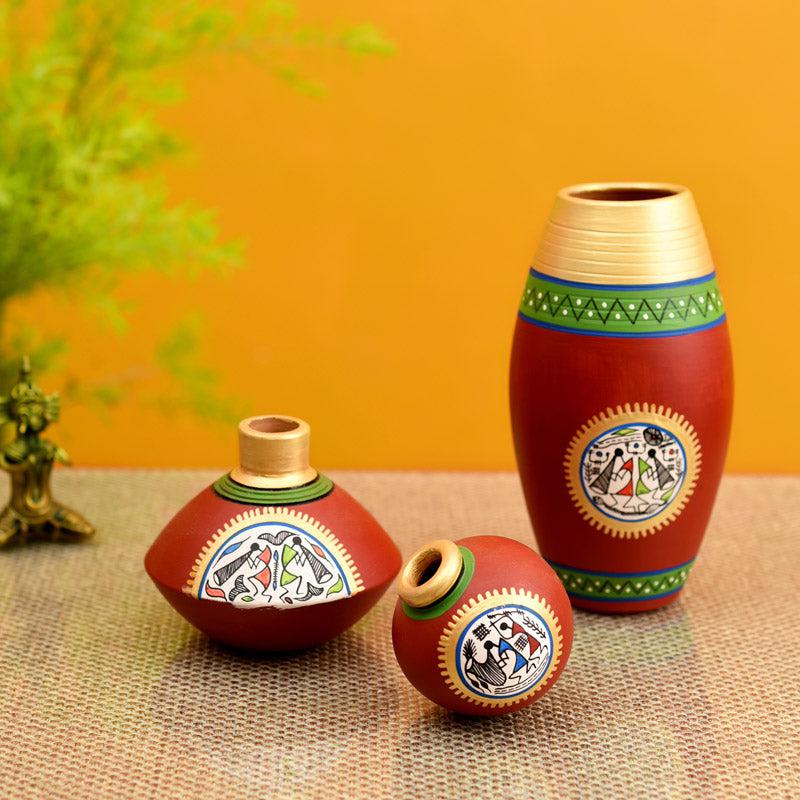 Thuraya Warli Terracotta Vase - Three Piece Set