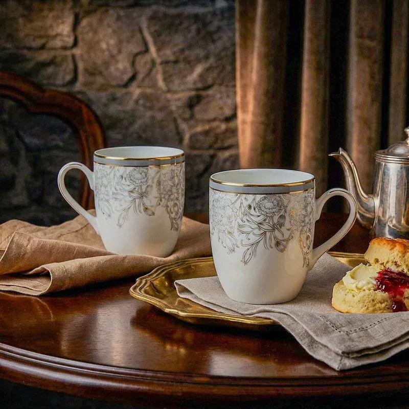 Gilded Iris Coupe 24k Gold Brushed Porcelain Coffee Mug(280 mL Each/Grey) - Set Of Two media 3