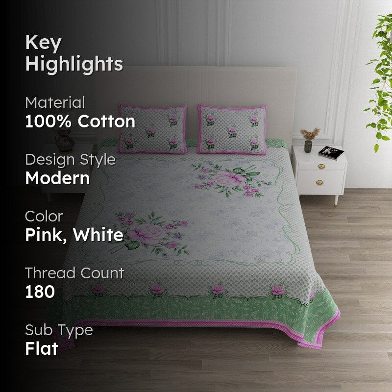 Jasper Floral Cotton Bedsheet (Pink) - 180 TC media 2