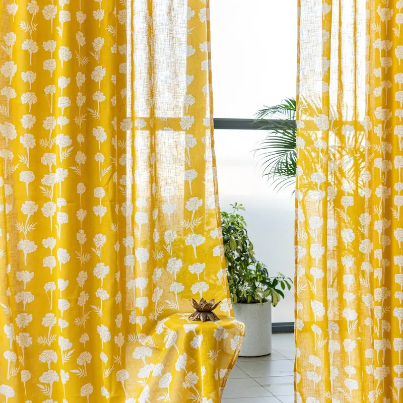 Tranquebar Home Bloom Grace Polyester Curtains(Yellow) - Set Of Two media 1