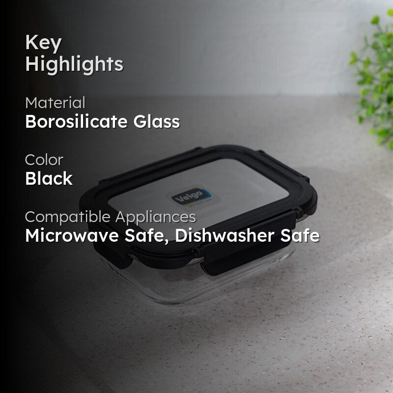 Boro Glass Lunch Box With Steel Lid (Black) - 640 ML media 2