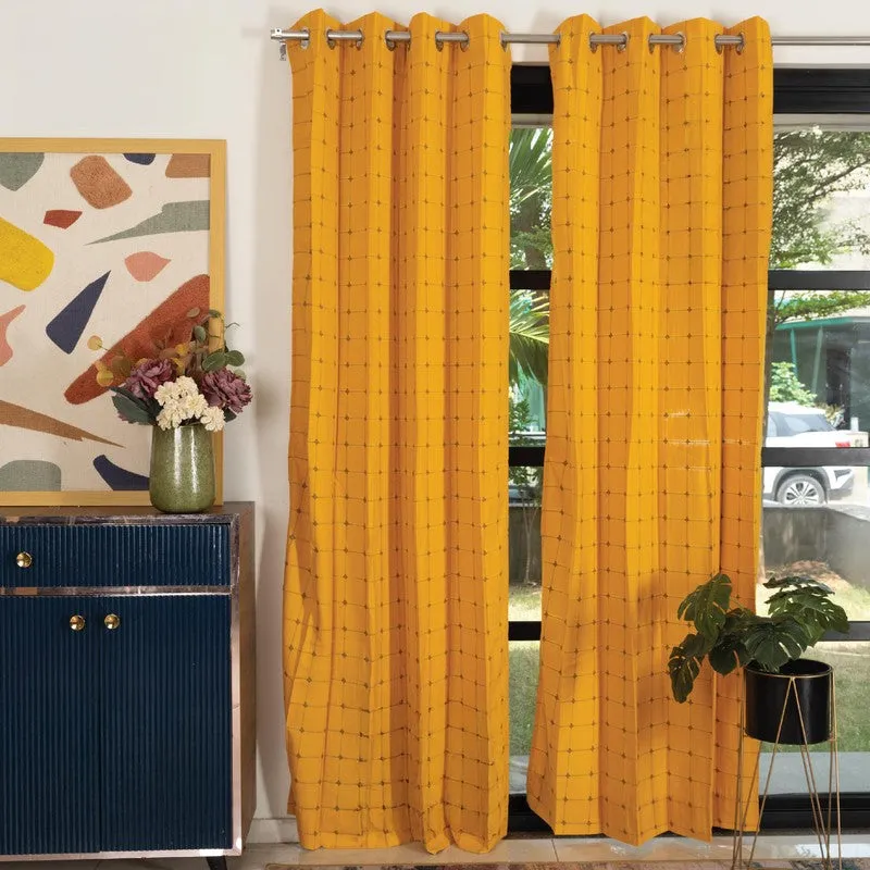 Pixel Checks Cotton Curtain - Mustard media 2