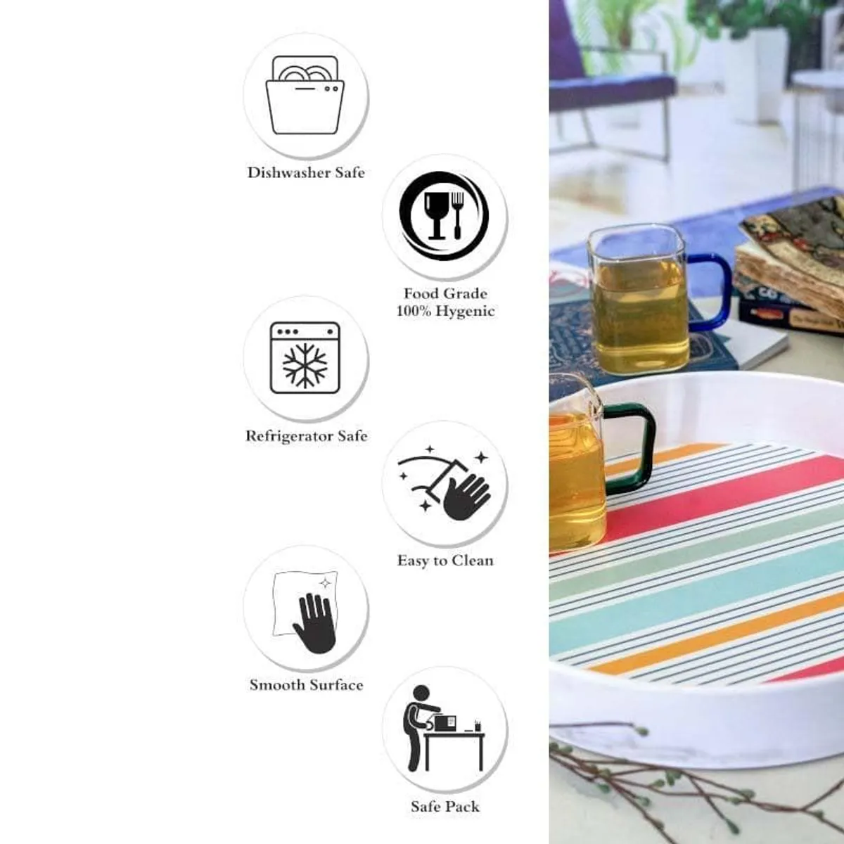 Round striped serving tray shown beside care and feature icons