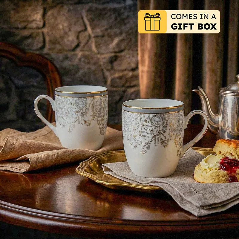 Gilded Iris Coupe 24k Gold Brushed Porcelain Coffee Mug(280 mL Each/Grey) - Set Of Two media 1