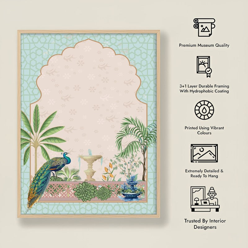 Gul-E-Peacock Framed Mughal Canvas Archival Canvas Wall Painting - Natural Brown Frame media 9