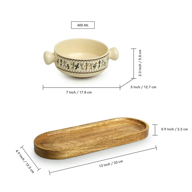 Warli Whirls Handcrafted Ceramic Bowl with Tray (400 ML) - Three Piece Set media 8