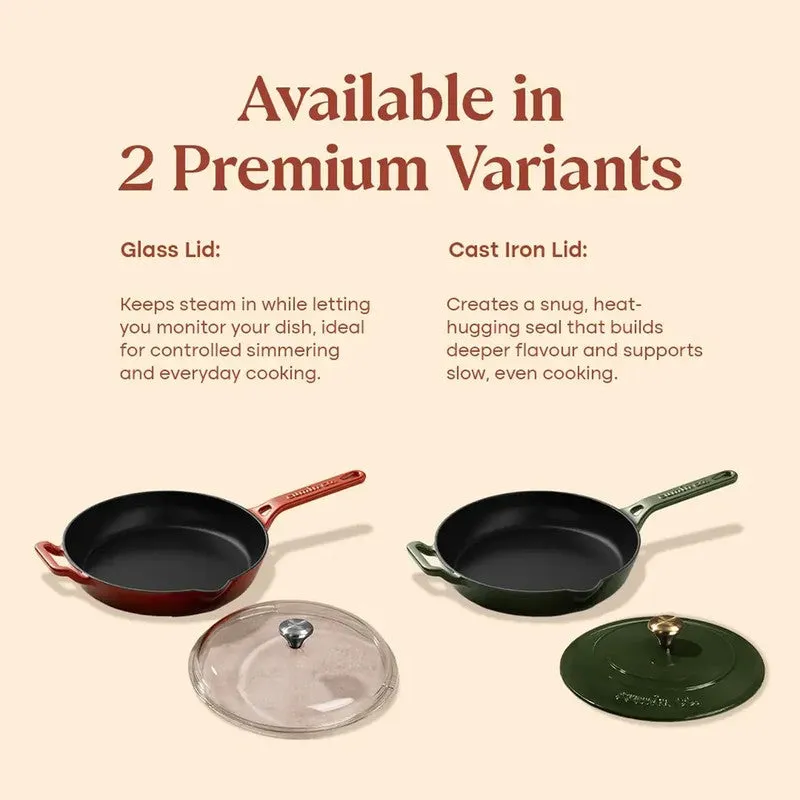 Green frying pan with iron lid shown alongside a glass-lid variant