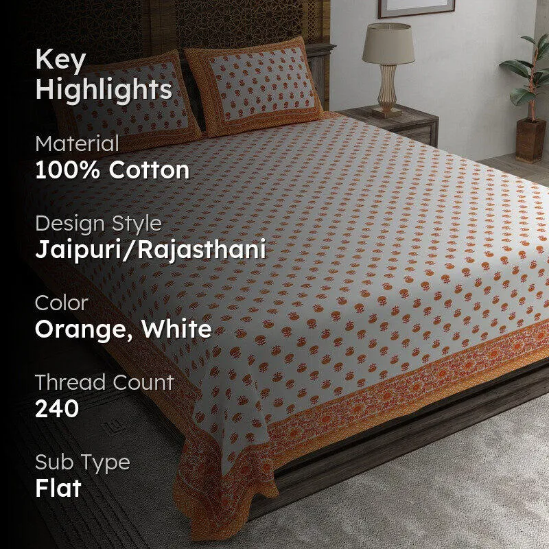 Bloomel Cotton Bedsheet (Orange,White) - 240 TC media 2