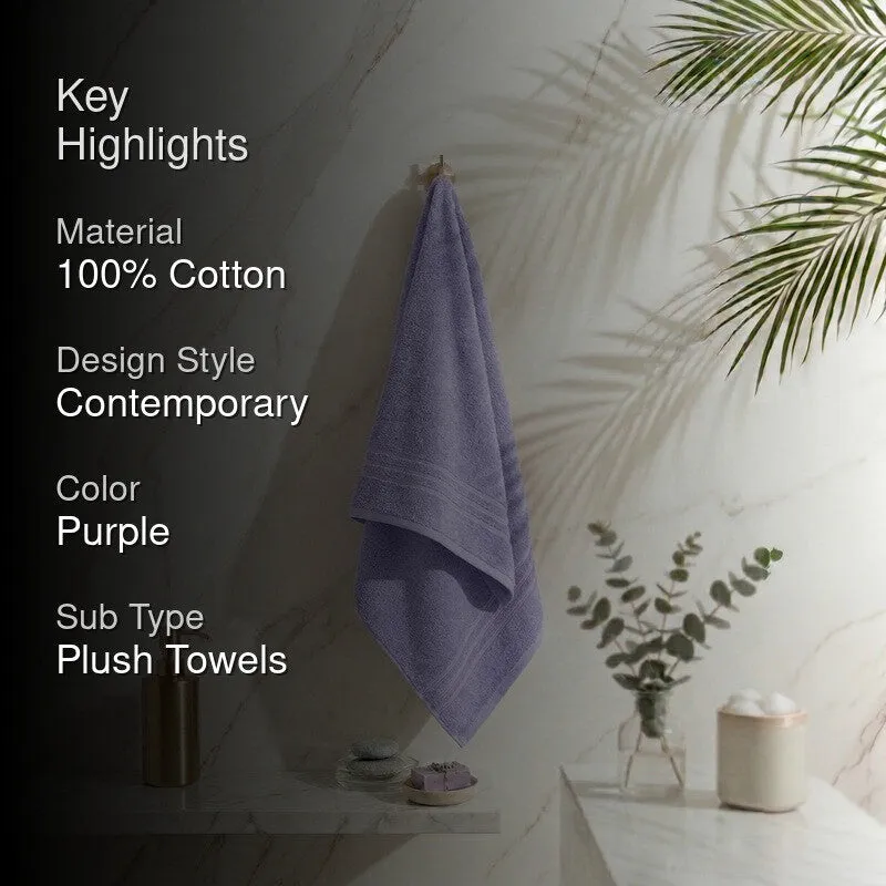 Lavender bath towel with key highlights graphic overlay