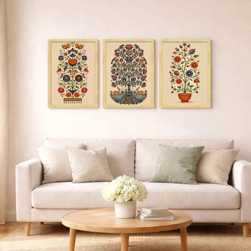 Indian Folk Floral Paper Wall Painting With Frame - Set Of Three media 4