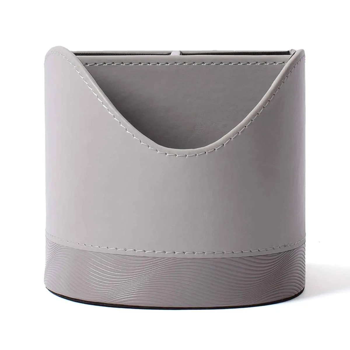 Front view of a grey desk organiser with a curved upper edge