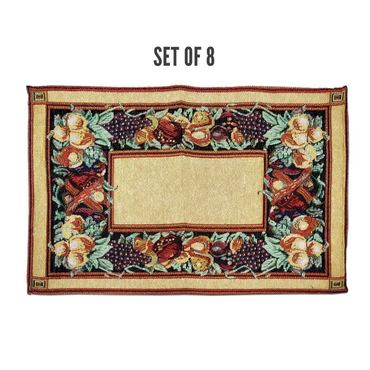 Single multicolour placemat with ornate floral border on a plain background
