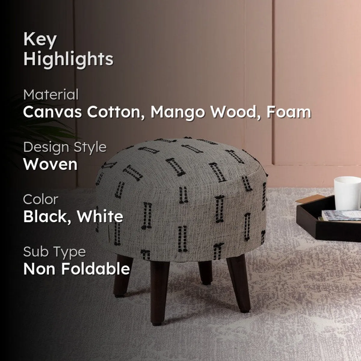 Ottoman shown with material, colour and design highlight panels