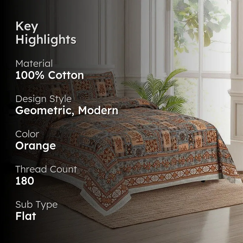 Tvisha Tribal Applique Print Cotton Bedsheet (Orange & Grey) - 180 TC media 2
