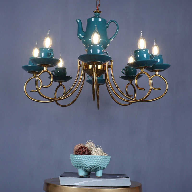 Artistic Teapot Iron Chandelier - Blue & Gold