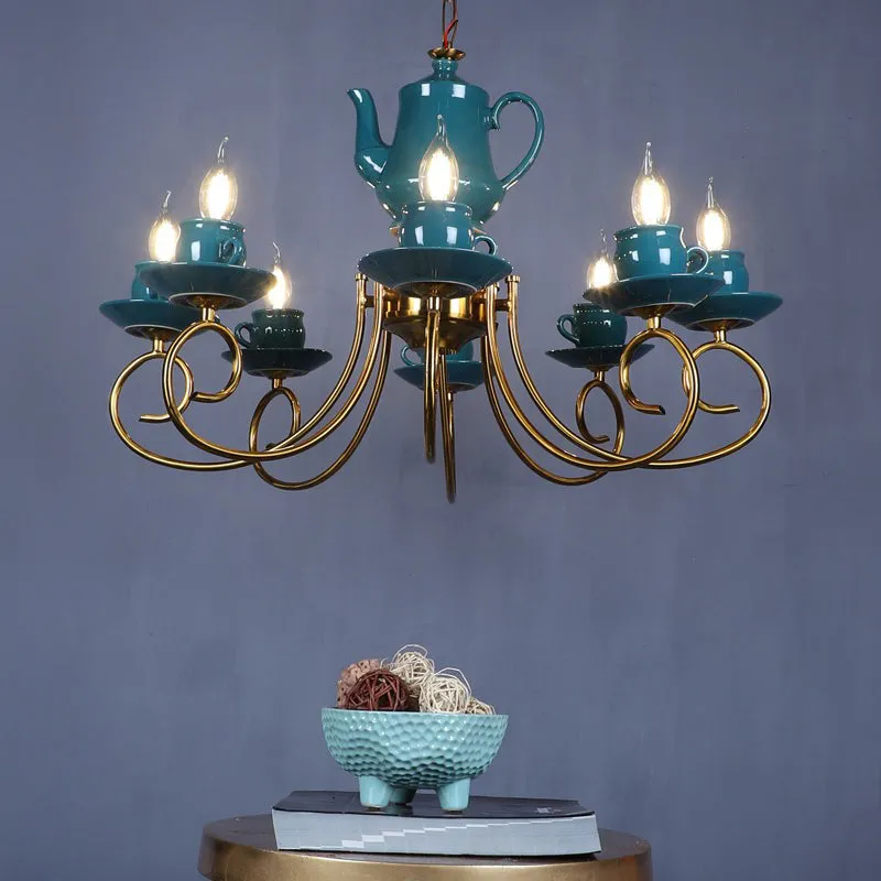Artistic Teapot Iron Chandelier - Blue & Gold media 1