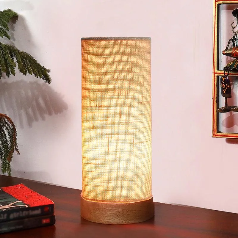 Nyra Tower Wooden Table Lamp With Jute Shade - Beige,Brown media 1
