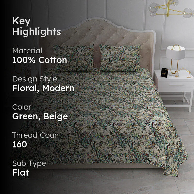Vibrant Mor Floral Cotton Bedsheet (Green) - 160 TC media 2