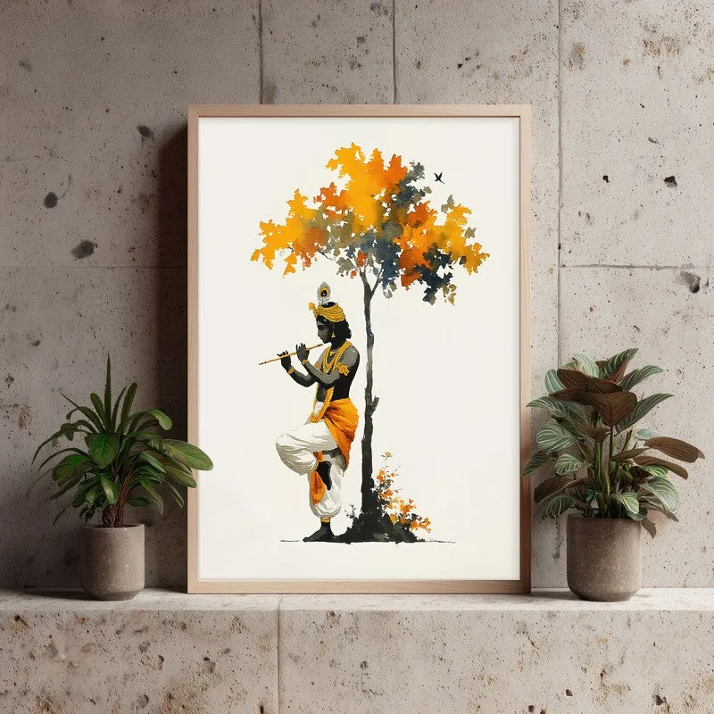 Lord Shyamsundar Krishna Playing Fluit Archival Paper Wall Art - Natural Brown Frame media 4