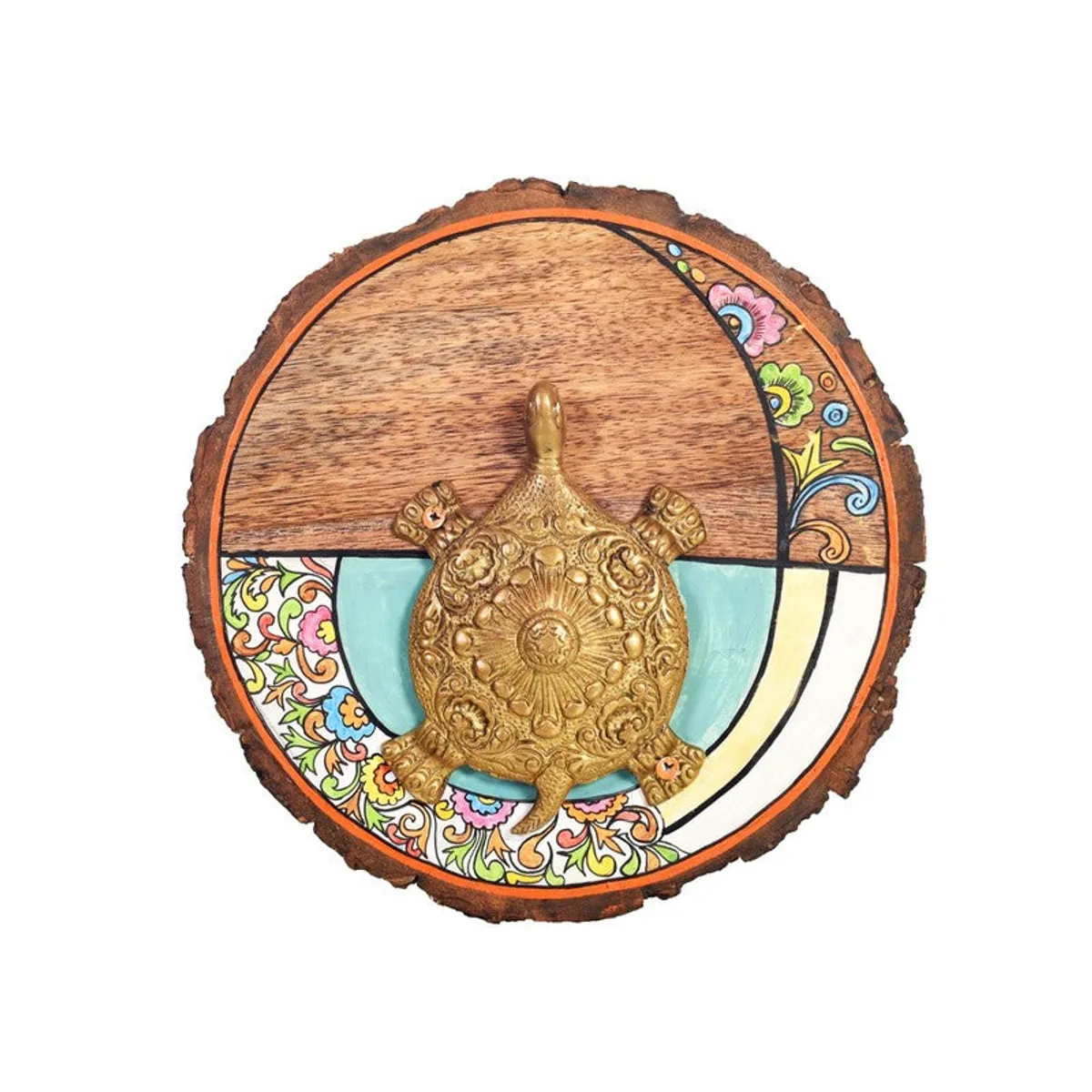 Front view of a round wood wall accent featuring a raised golden tortoise