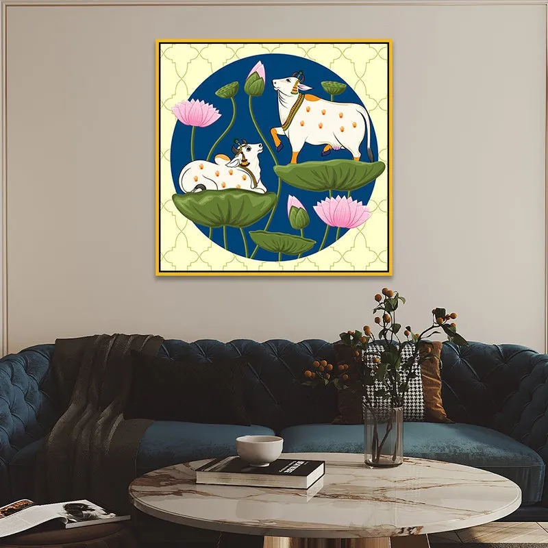 Lotus & Cows Canvas Wall Painting With Frame - Gold media 5