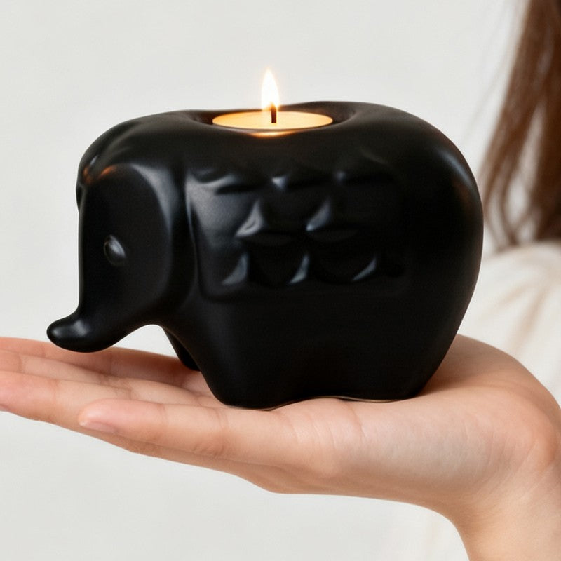 Ebony Elephant Ceramic Tea Light Candle Holders (Black) - Set Of Two media 4