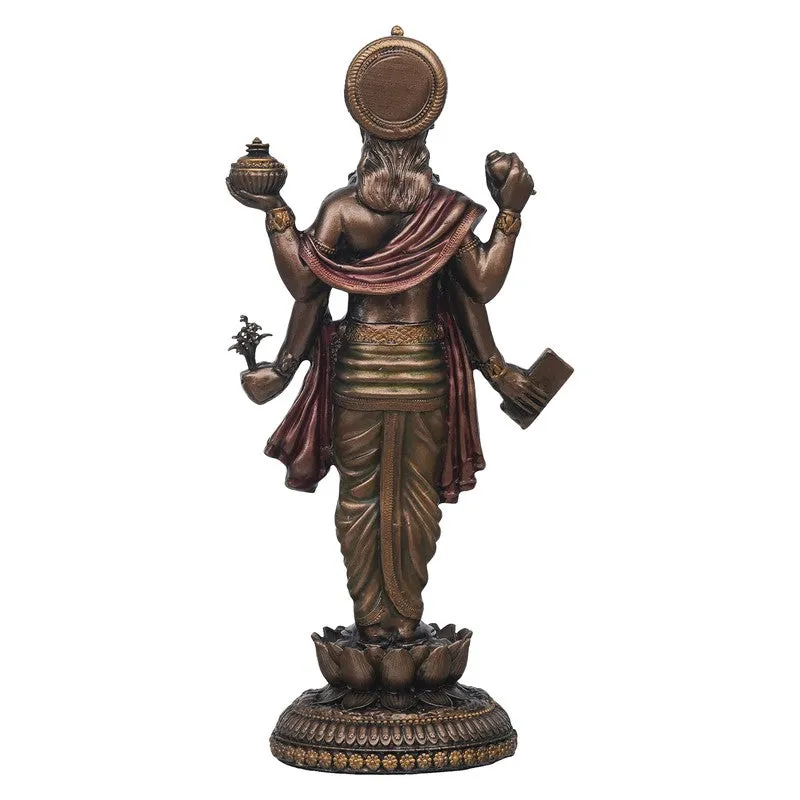 Rear view of a bronze-toned Dhanvantari idol on a lotus pedestal