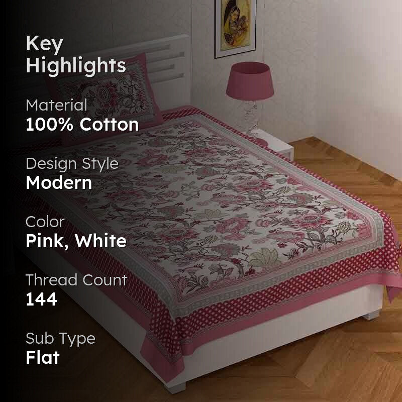 Gulab-E-Gulzaar Cotton Bedsheet (Magenta) - 144 TC media 2