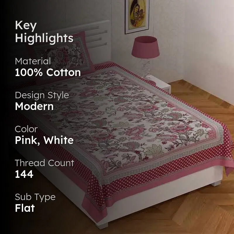 Gulab-E-Gulzaar Cotton Bedsheet (Magenta) - 144 TC media 2