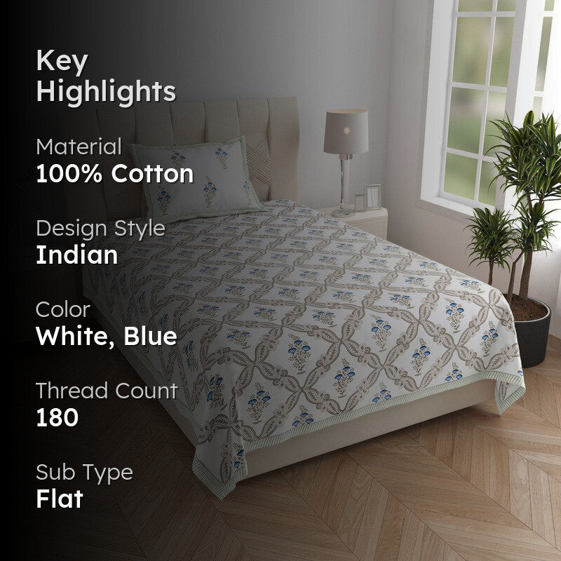 Nawabi Vibe Cotton Bedsheet (Taupe, Blue) - 180 TC media 2