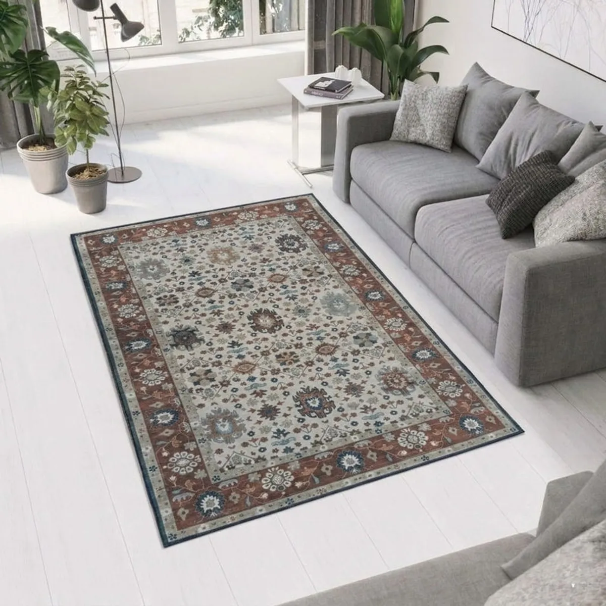 Patterned rectangular carpet styled in a bright living room beside a grey sofa