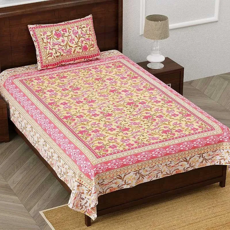 Folk Floral Fiesta Cotton Bedsheet (Orange) - 180 TC media 1